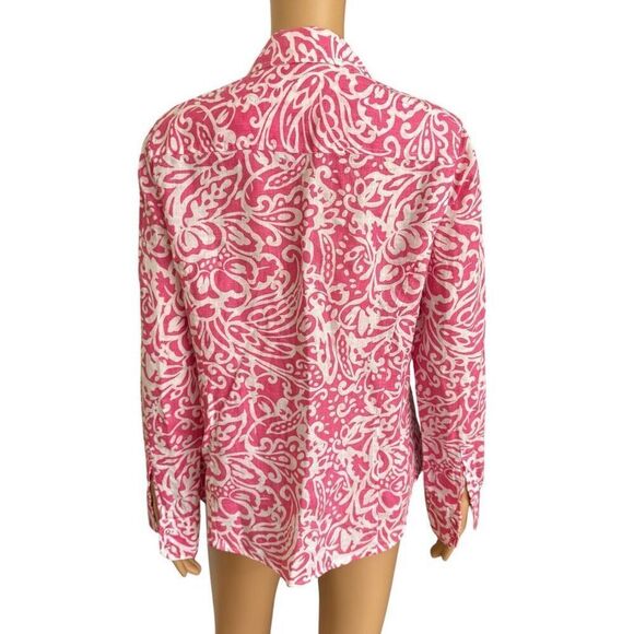 Charter Club Button Up Shirt 100% Linen Pink Floral Geometric roll tab sleeve 8 - Picture 3 of 7
